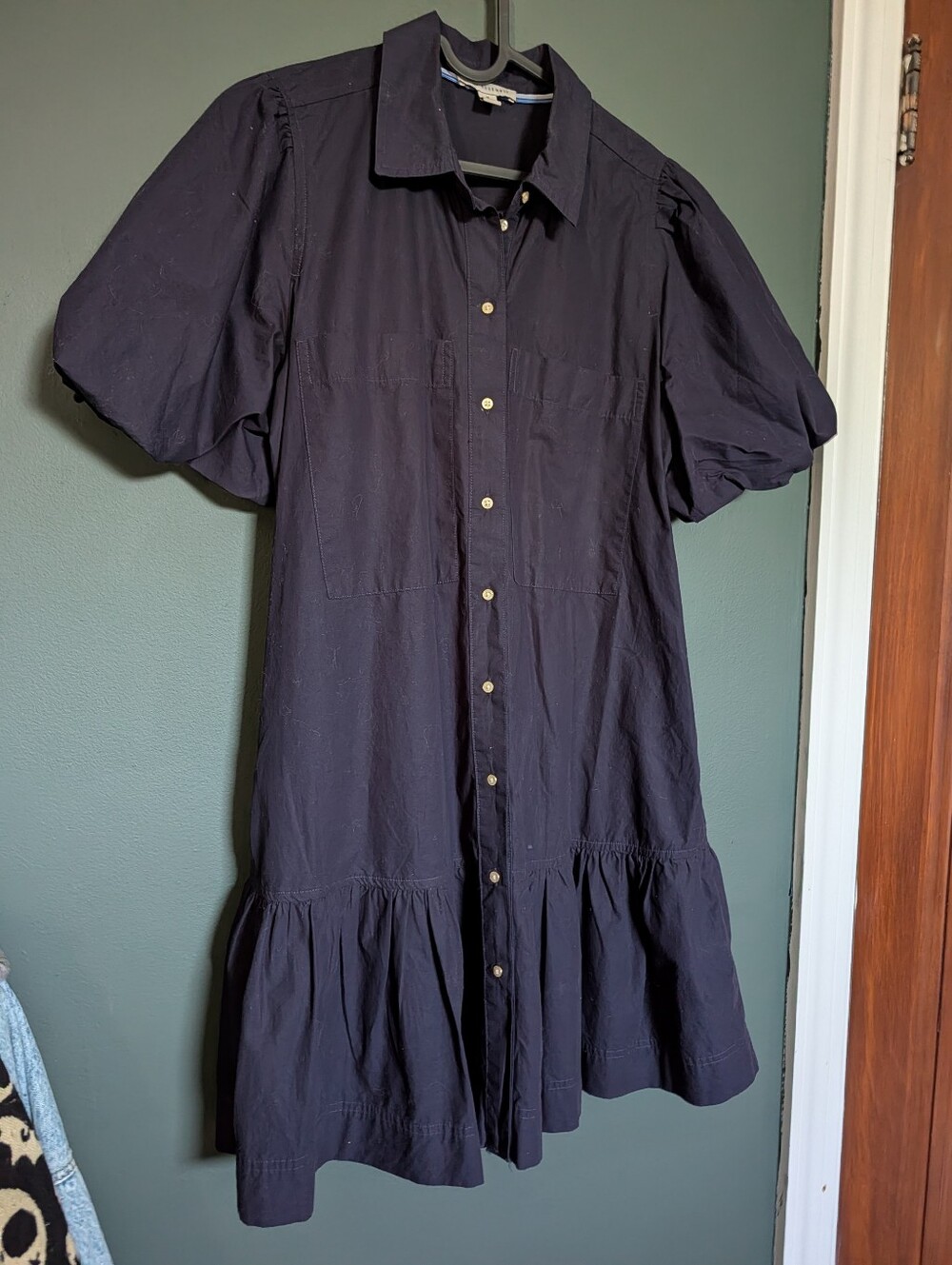 Free Assembly Dark Blue Puff-Sleeve Button-Front Mini Dress